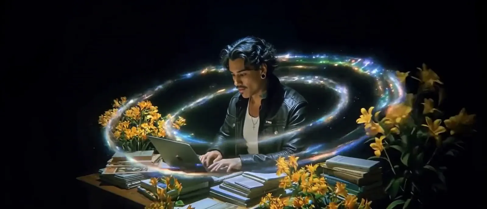 Raphael Salles at his desk, coding on a laptop, with a stylized trail of light around him