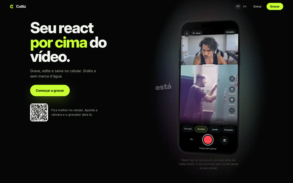 Real Cuttiz desktop website in Portuguese presenting the browser video editor