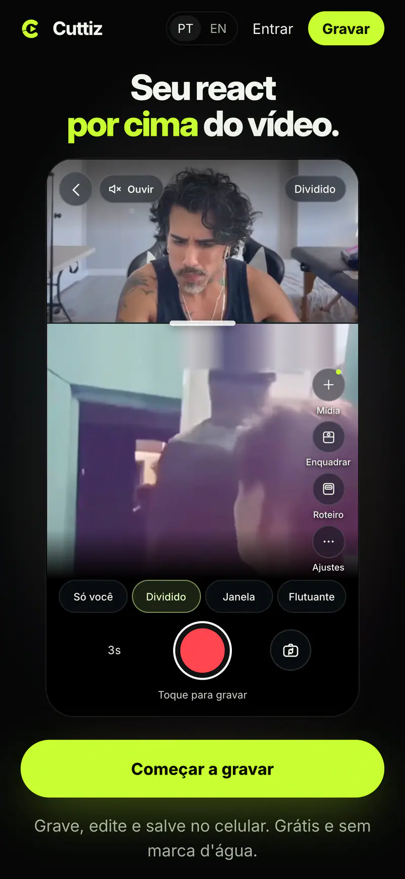 Real Cuttiz mobile website in Portuguese showing its reaction video recorder