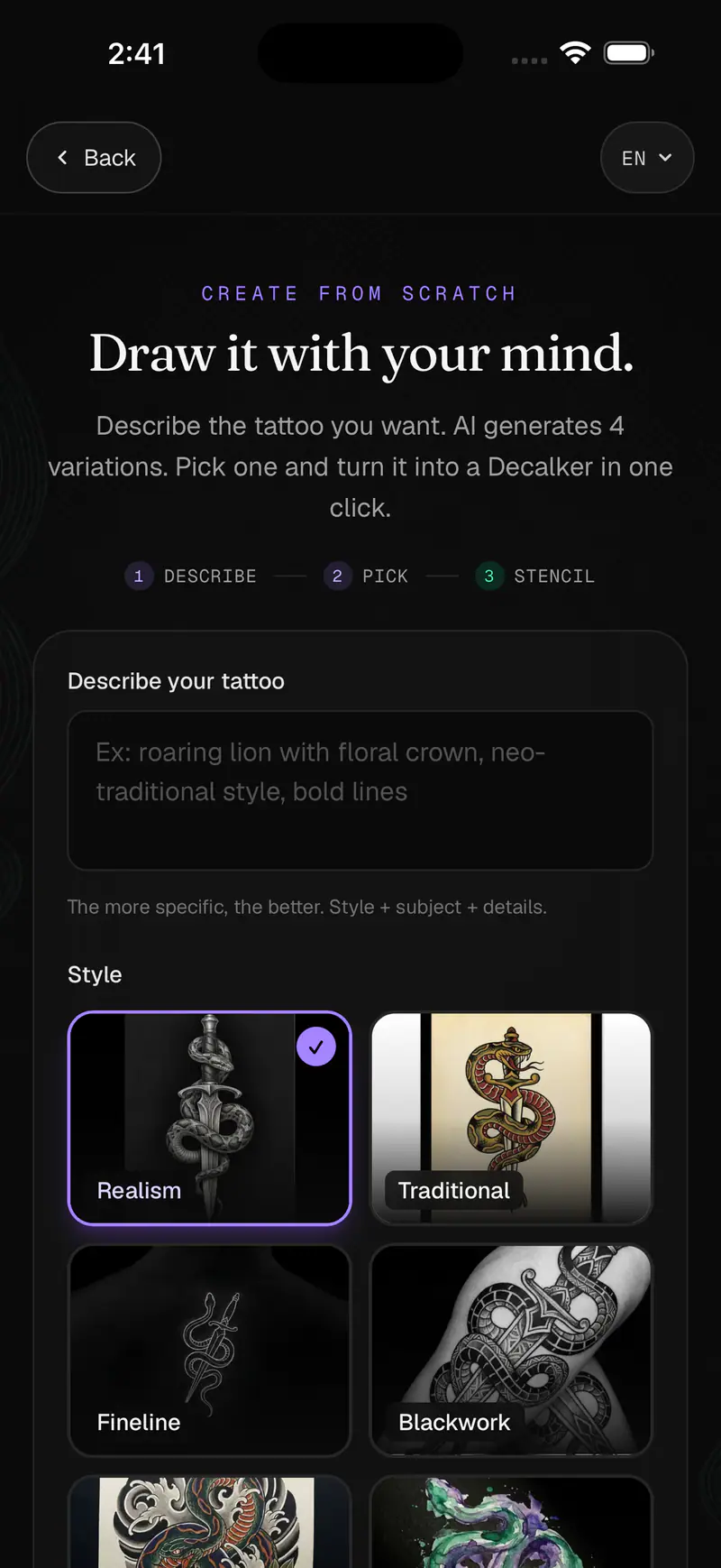 Real Decalker iPhone app screen for creating a tattoo stencil
