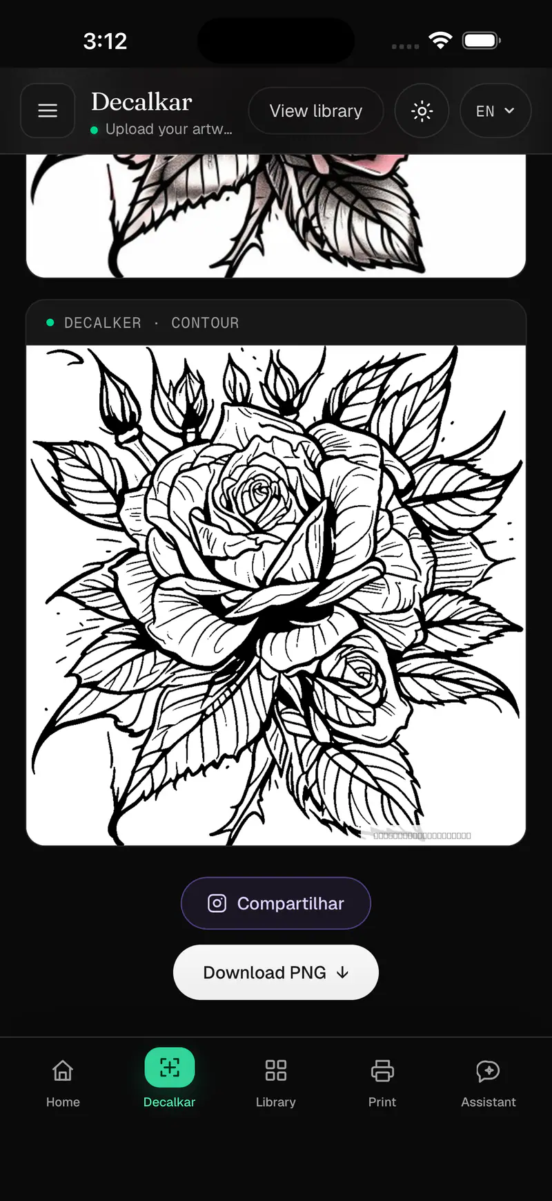 Real Decalker iPhone app showing a generated tattoo stencil result