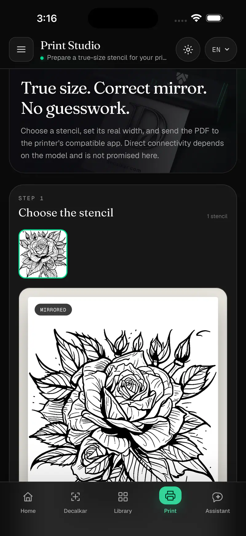 Decalker iPhone print screen: true-size, mirrored stencil PDF
