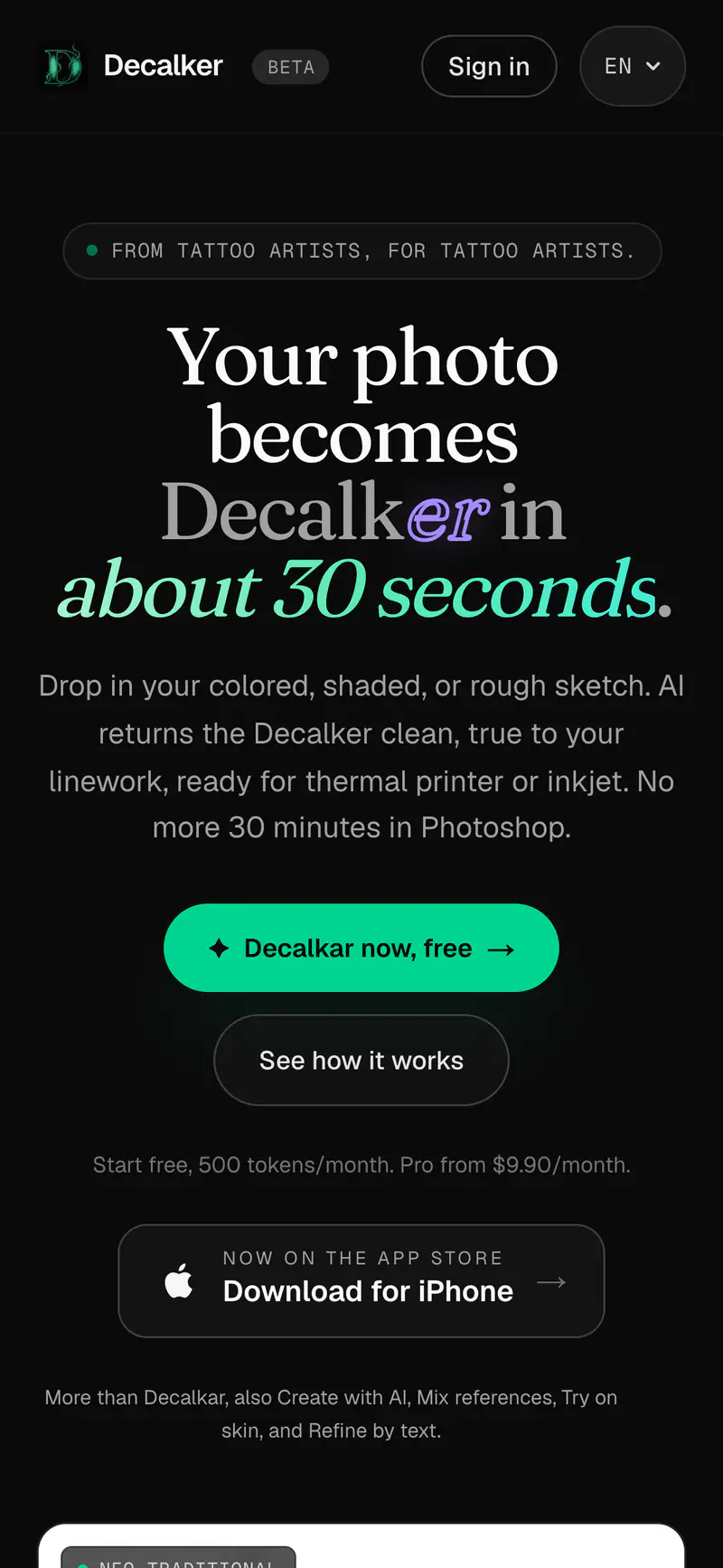Real Decalker website on mobile, introducing its photo-to-stencil workflow