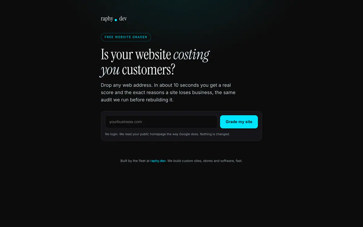 The real free website grader at grader.raphy.dev, ready to check a website address