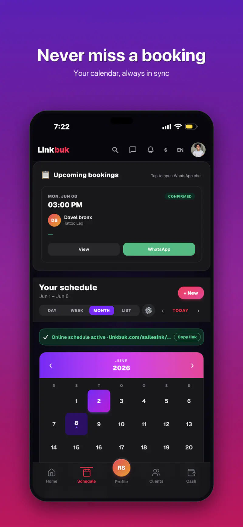 Complete Linkbuk App Store screenshot presenting scheduling