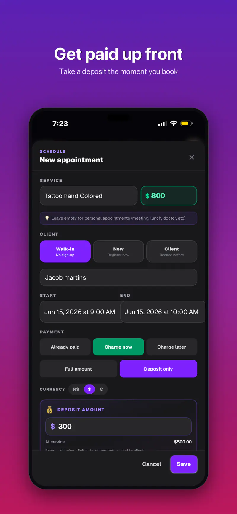 Linkbuk App Store screenshot: taking a deposit at the moment a client books