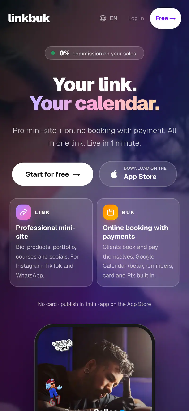 Real Linkbuk mobile website: a link-in-bio with online booking and payment