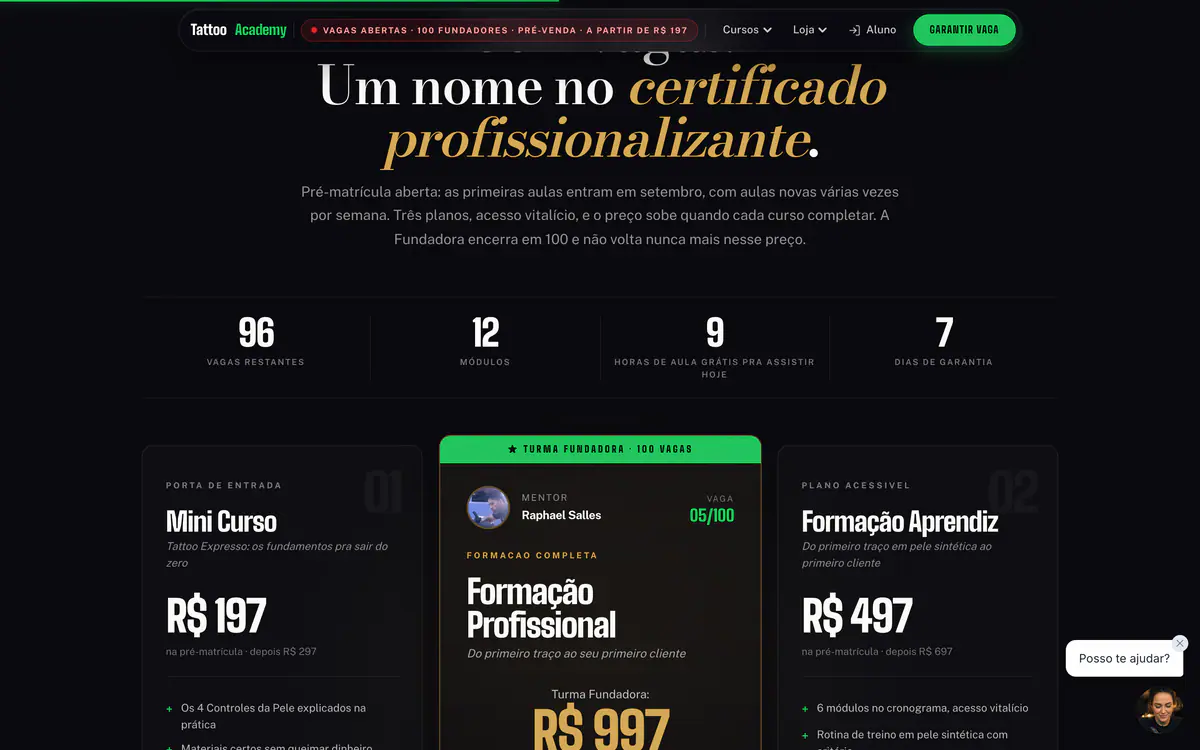 Real Tattoo Academy course storefront in Portuguese, an example of digital course sales
