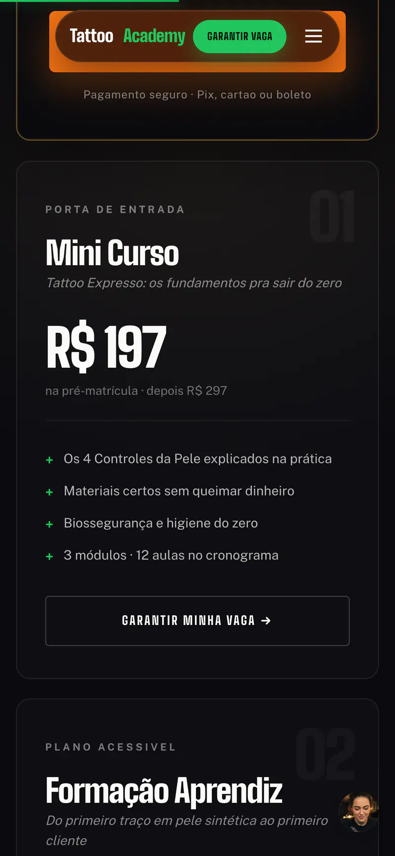 Real Tattoo Academy course plans on mobile, in Portuguese